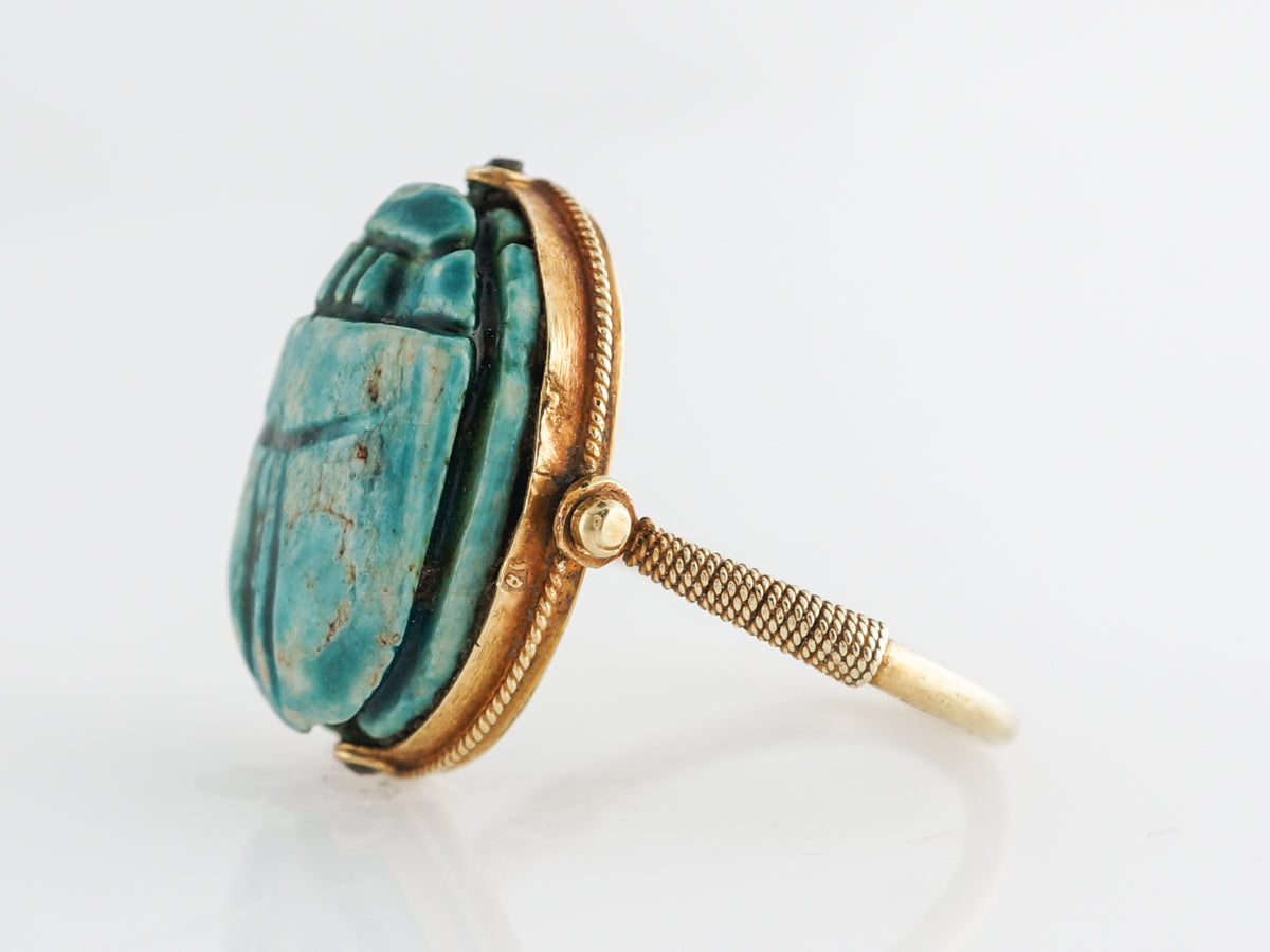 Art Deco Faience Cabochon Scarab in 14k Yellow Gold