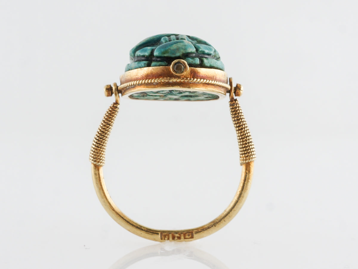 Art Deco Faience Cabochon Scarab in 14k Yellow Gold