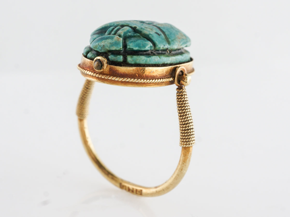 Art Deco Faience Cabochon Scarab in 14k Yellow Gold