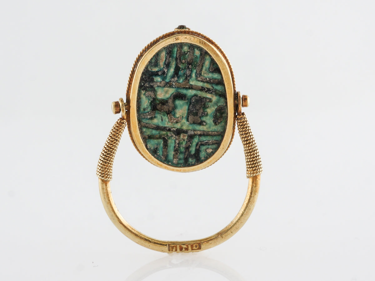 Art Deco Faience Cabochon Scarab in 14k Yellow Gold