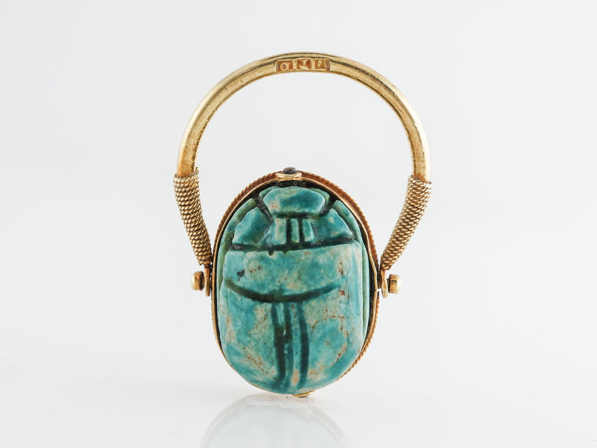 Art Deco Faience Cabochon Scarab in 14k Yellow Gold