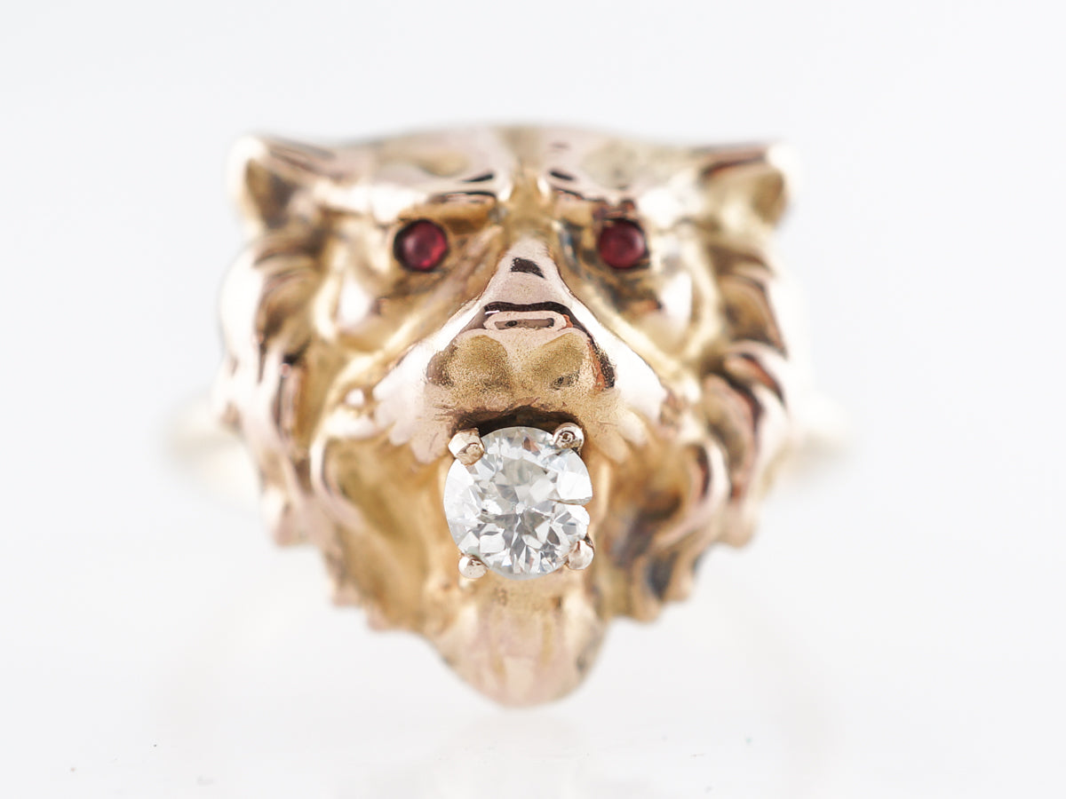 Victorian Lion Cocktail Ring W/ Old Mine Cut Diamond & Rubies 14k