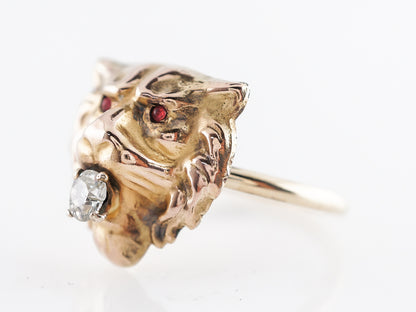 Victorian Lion Cocktail Ring W/ Old Mine Cut Diamond & Rubies 14k