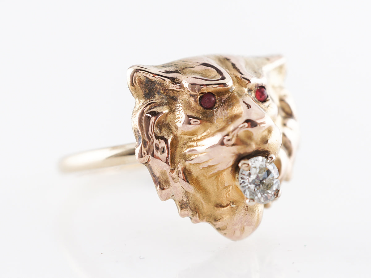 Victorian Lion Cocktail Ring W/ Old Mine Cut Diamond & Rubies 14k