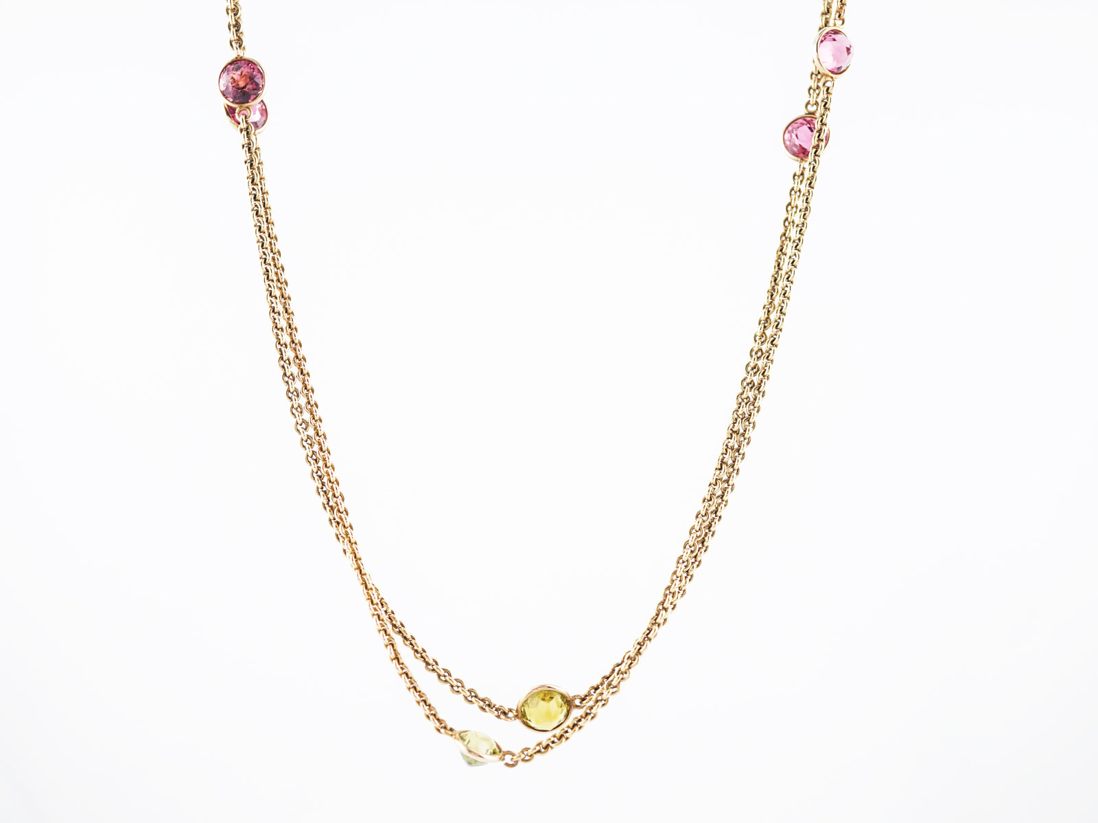 Victorian Necklace Amethyst, Peridot, & Pink Tourmaline in 14k Yellow Gold