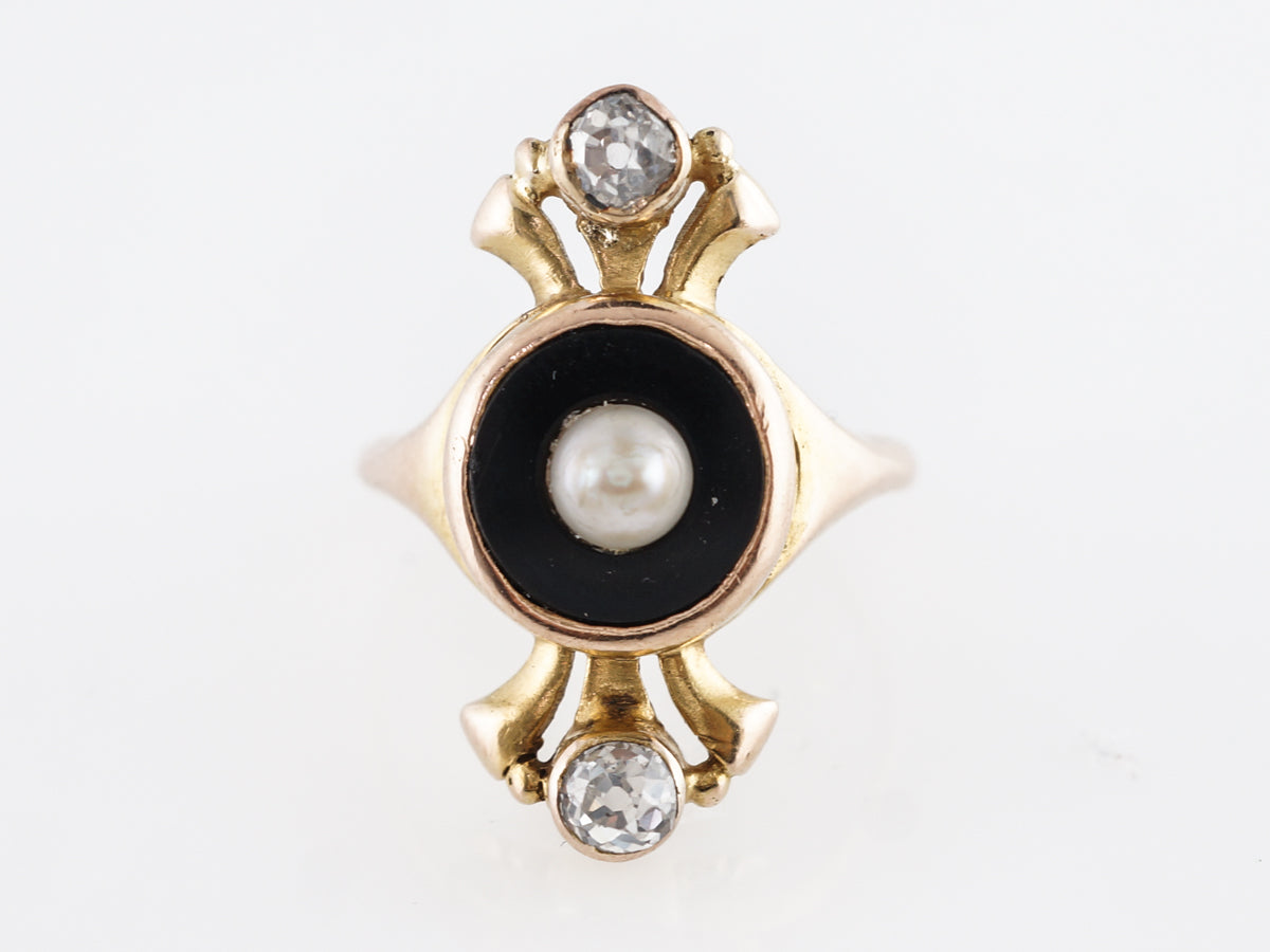Victorian Onyx & Diamond w/ Pearl Cocktail Ring 14k Yellow Gold