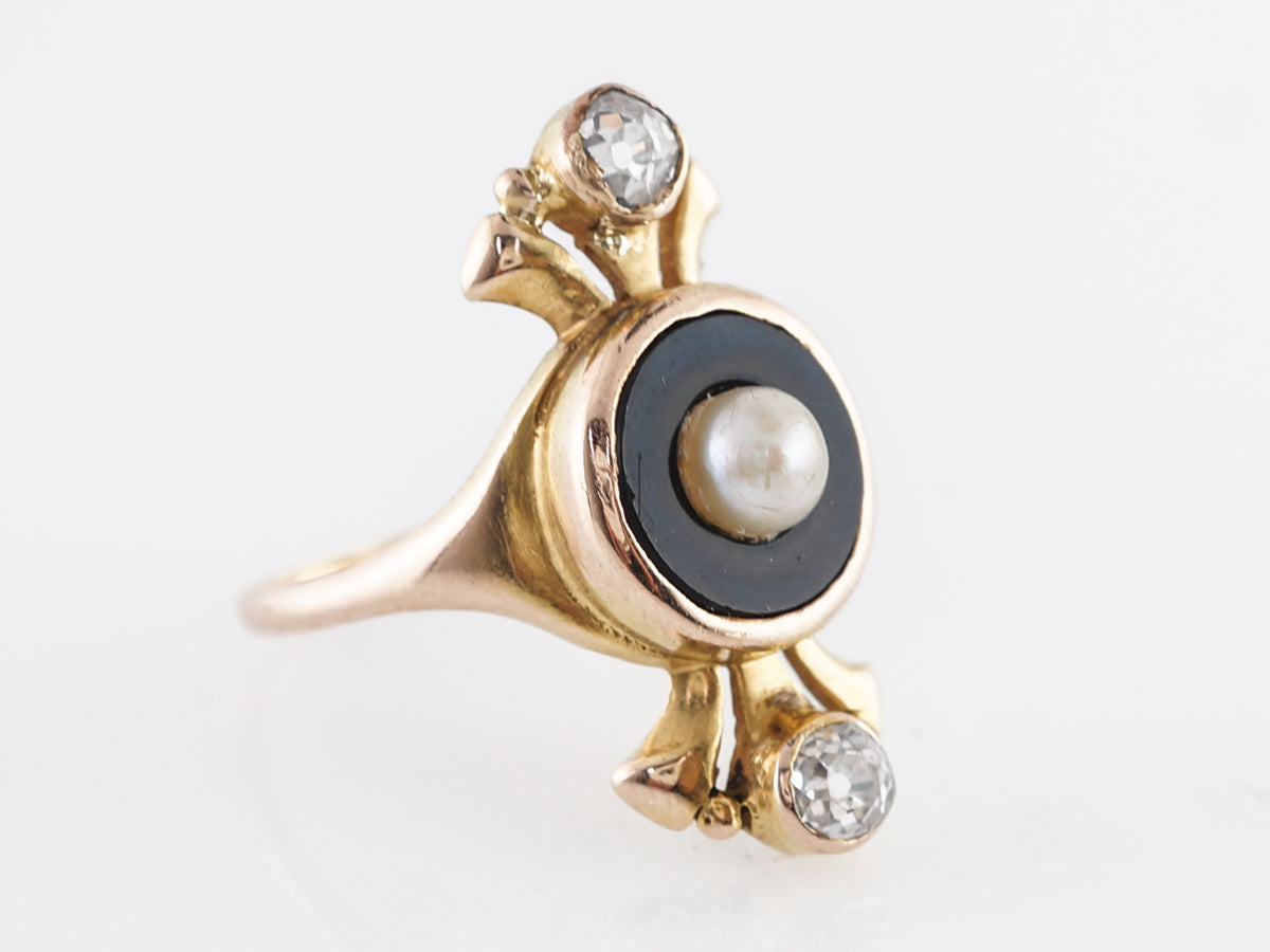 Victorian Onyx & Diamond w/ Pearl Cocktail Ring 14k Yellow Gold