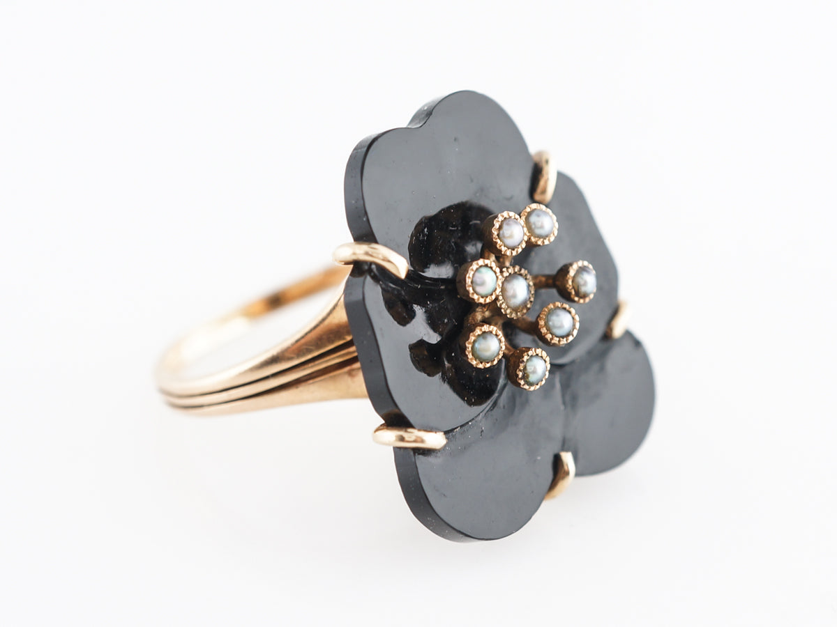 Victorian Onyx & Pearl Ring in 14k Yellow Gold