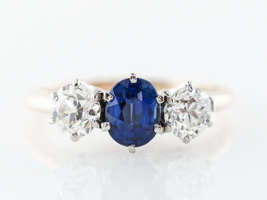 Victorian Oval Sapphire & Diamond Three Stone Engagement Ring