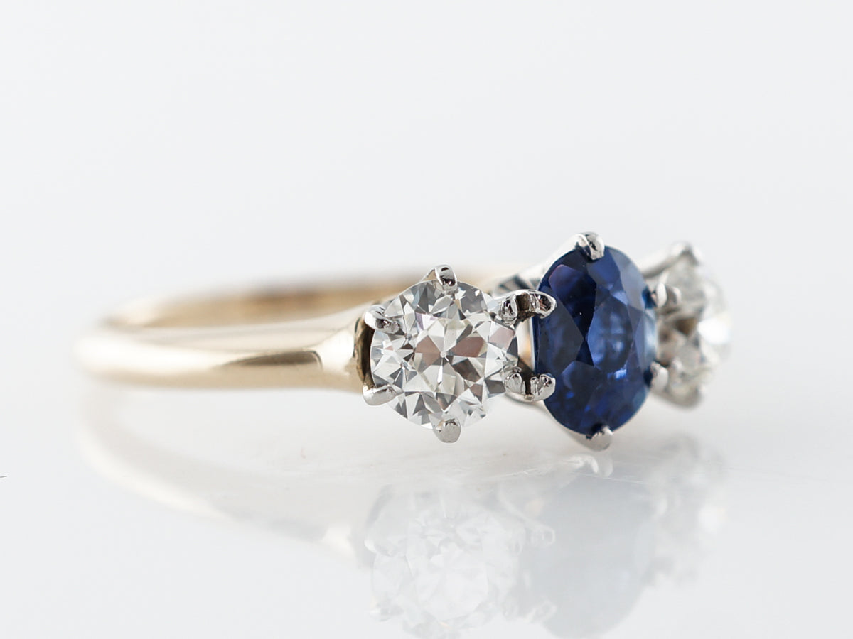 Victorian Oval Sapphire & Diamond Three Stone Engagement Ring