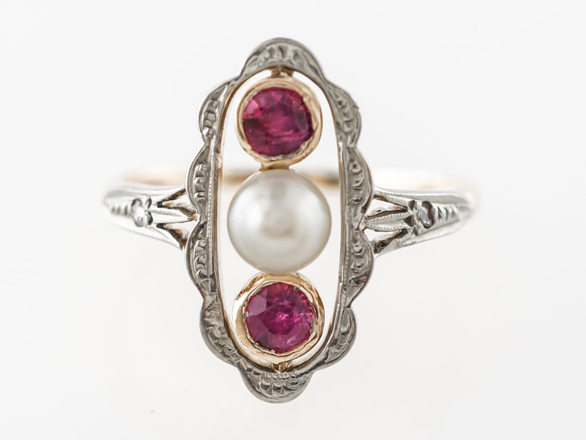 Victorian Ruby & Pearl Ring w/ Diamond Accents in Yellow Gold
