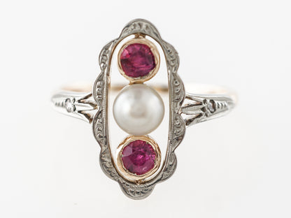 Victorian Ruby & Pearl Ring w/ Diamond Accents in Yellow Gold