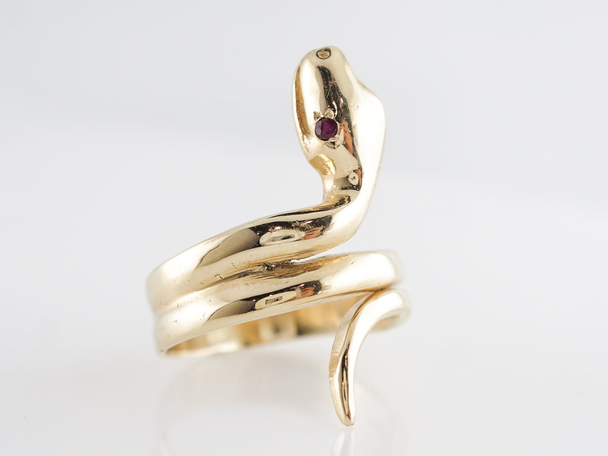 Victorian Snake Ring w/ Ruby Eyes in 14k Yellow Gold