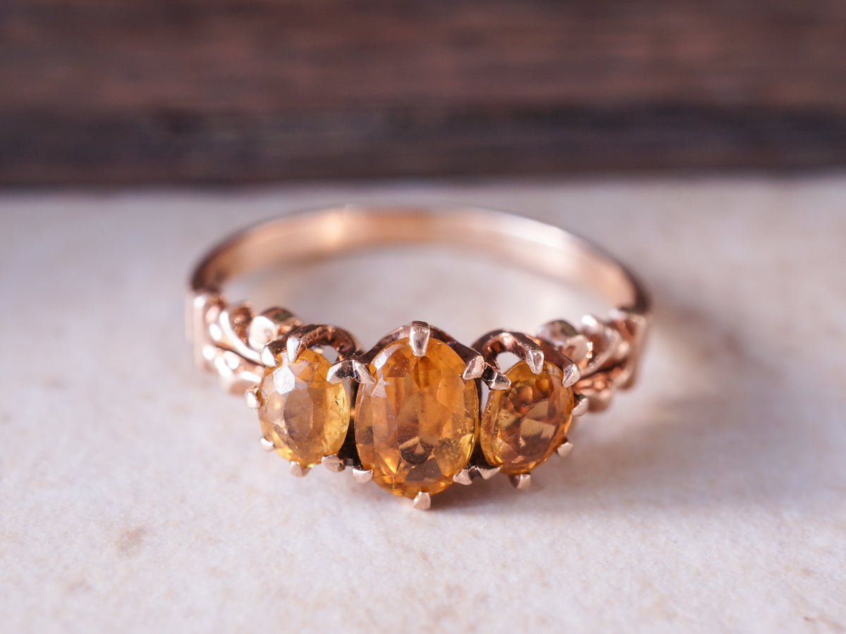 Victorian Three Stone Citrine Ring in 14k Yellow Gold