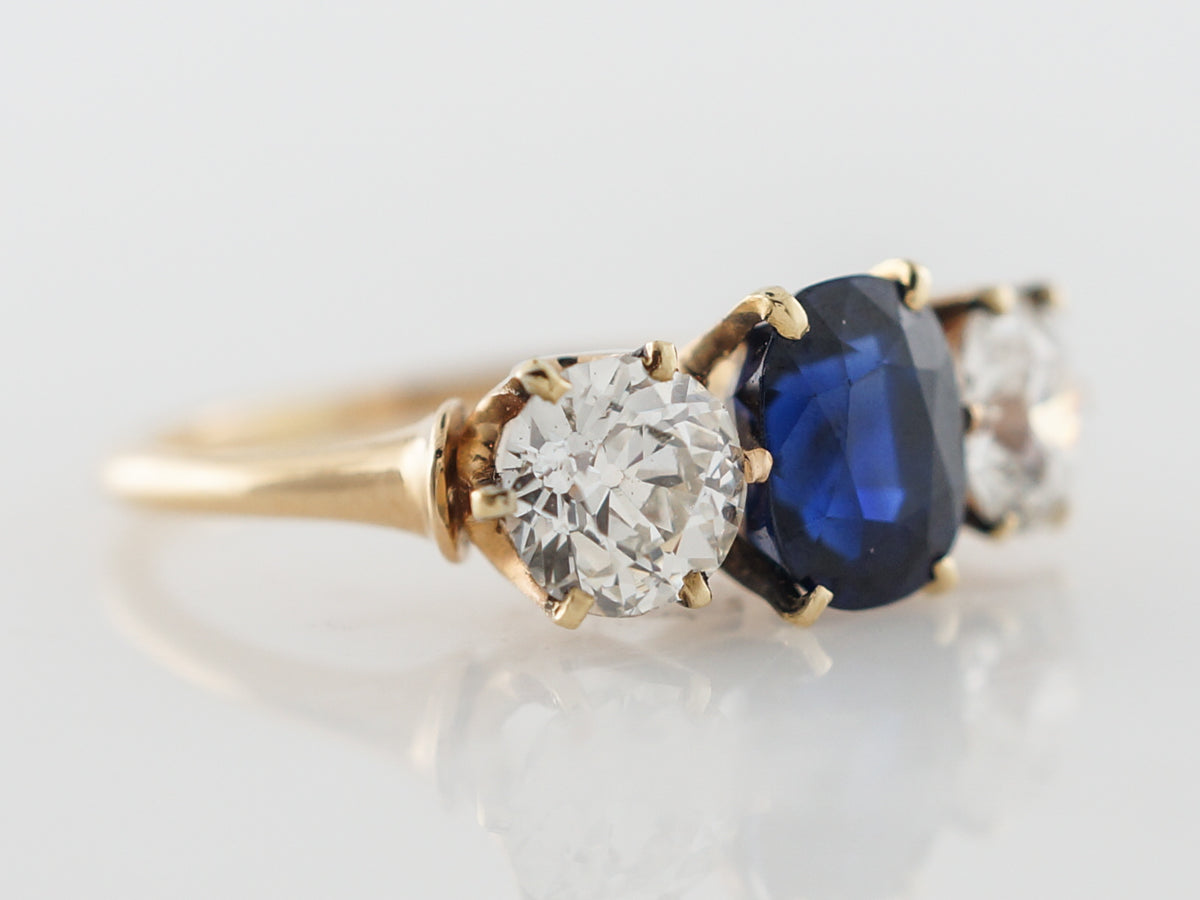 Victorian 3 Stone Engagement Ring w/ Sapphire & Diamonds