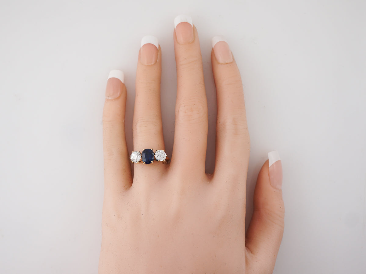 Victorian 3 Stone Engagement Ring w/ Sapphire & Diamonds