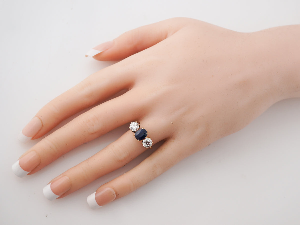 Victorian 3 Stone Engagement Ring w/ Sapphire & Diamonds