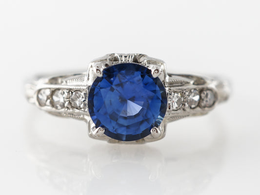 Vintage Art Deco Sapphire & Diamond Engagement Ring 18k White Gold