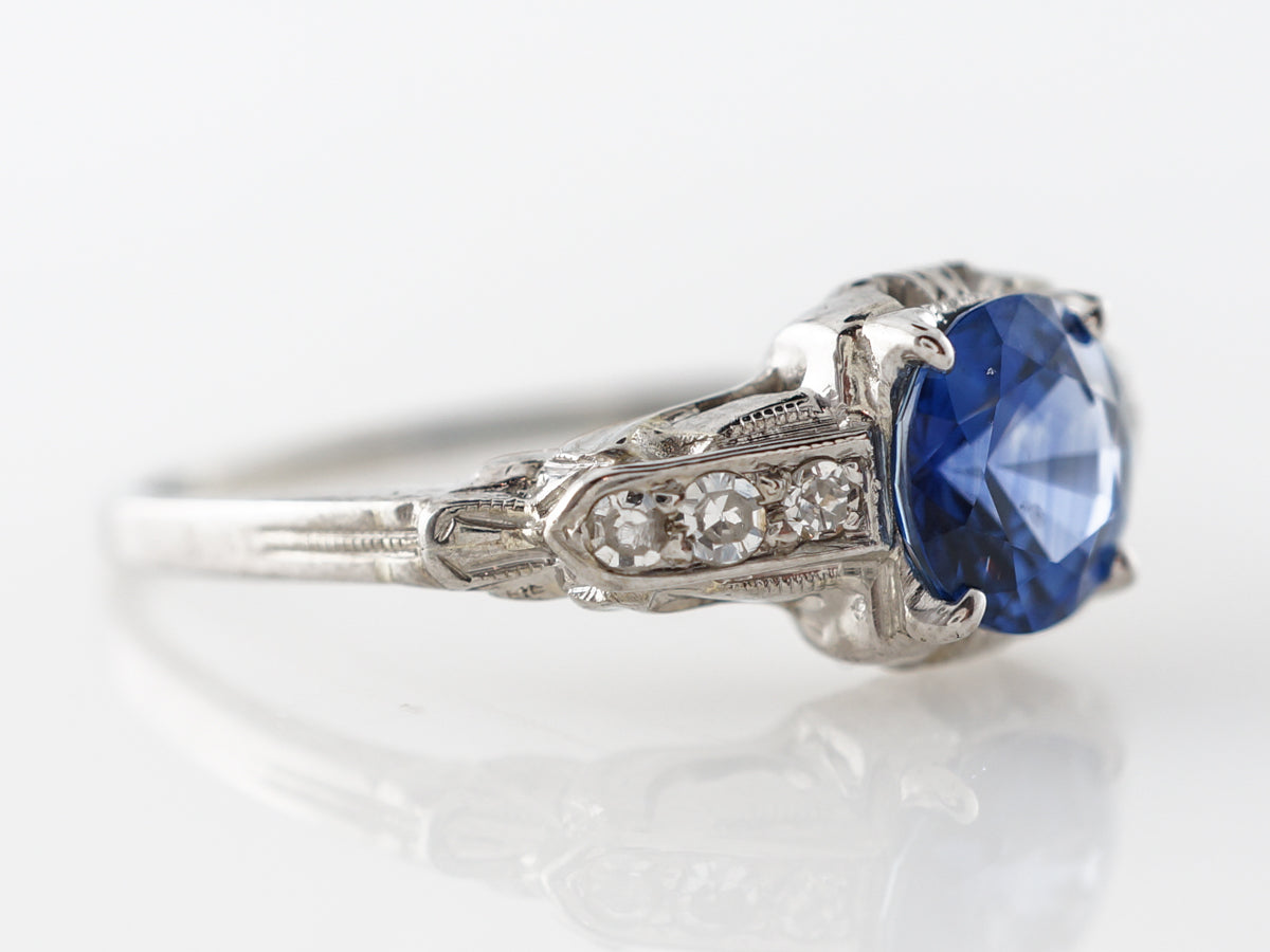 Vintage Art Deco Sapphire & Diamond Engagement Ring 18k White Gold