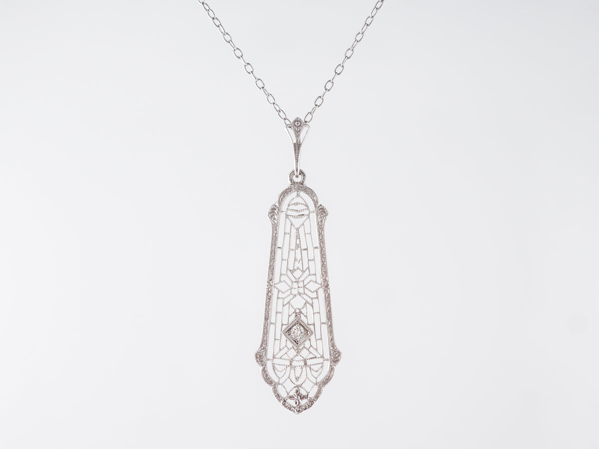 Vintage Deco Filigree Diamond Pendant in White Gold