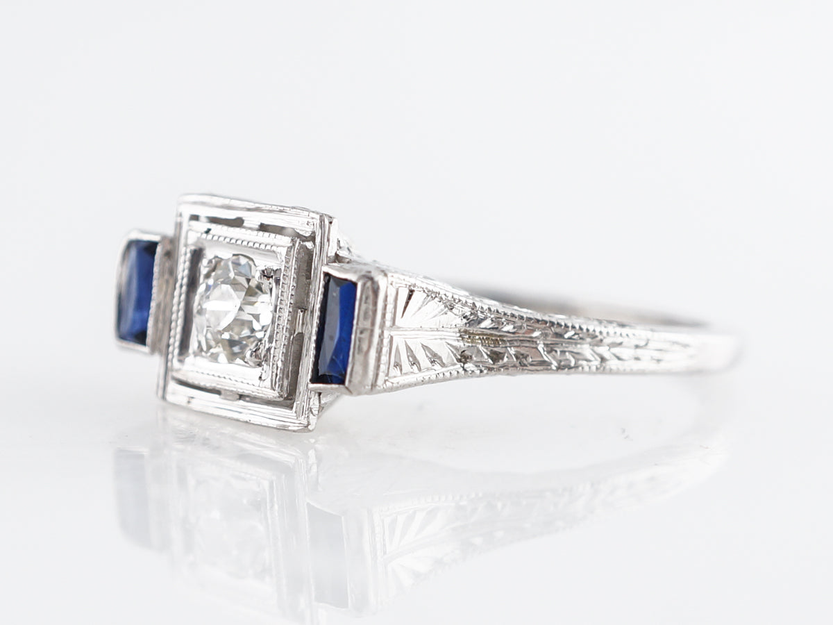 Vintage Art Deco Old European Diamond w/ French Cut Sapphires in 18k