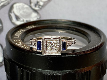 Vintage Art Deco Old European Diamond w/ French Cut Sapphires in 18k