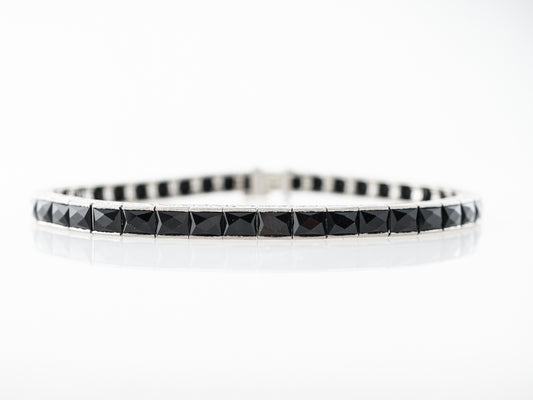 Vintage Art Deco Platinum 17.64 French Cut Onyx Bracelet