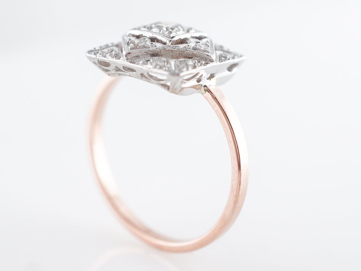Vintage Art Deco Cocktail Ring w/ Diamonds in White & Rose Gold