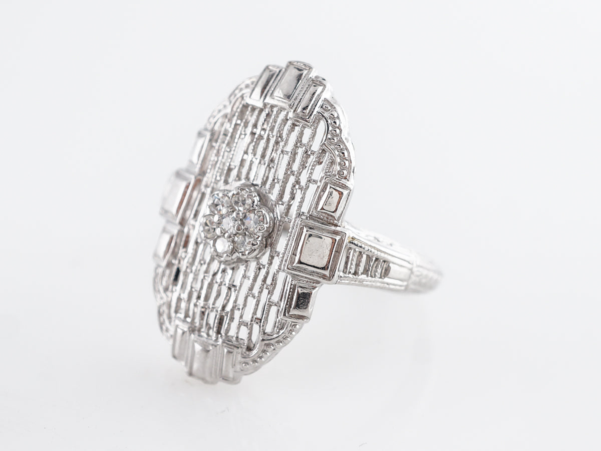 Vintage Art Deco Single Cut Diamond & Filigree Ring in 14k White Gold