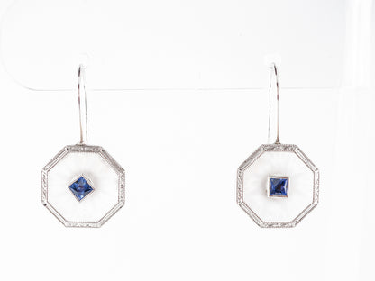 Vintage Art Deco Square Cut Sapphire & Camphor Glass Earrings in 14k White Gold