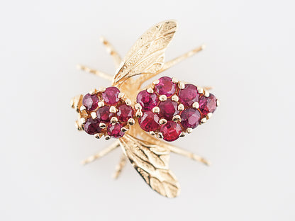 Vintage Bee Pin Retro 1.08 Round Cut Ruby in 14k Yellow Gold