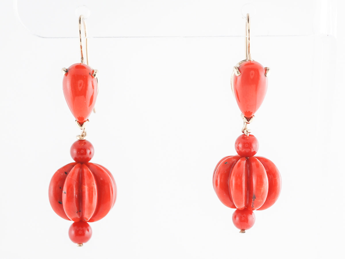 Vintage Cabochon Carved Coral Earrings in 14k