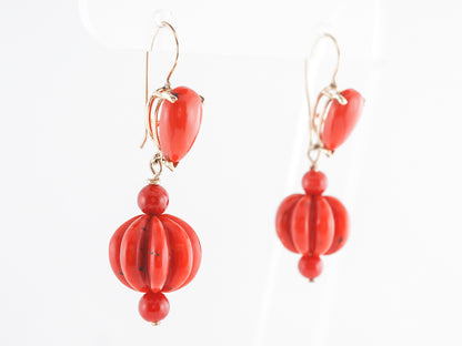 Vintage Cabochon Carved Coral Earrings in 14k