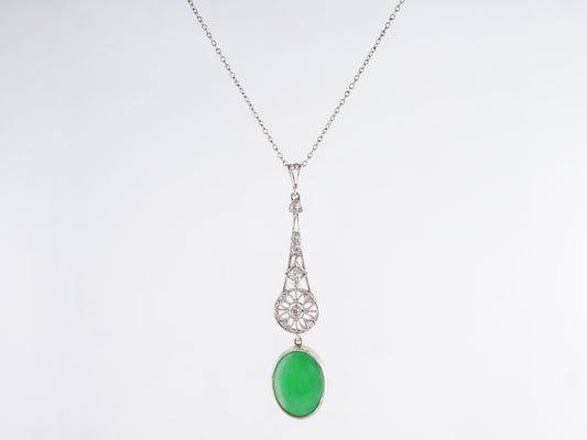 Vintage Cabochon Cut Jade and Diamond Pendant Necklace