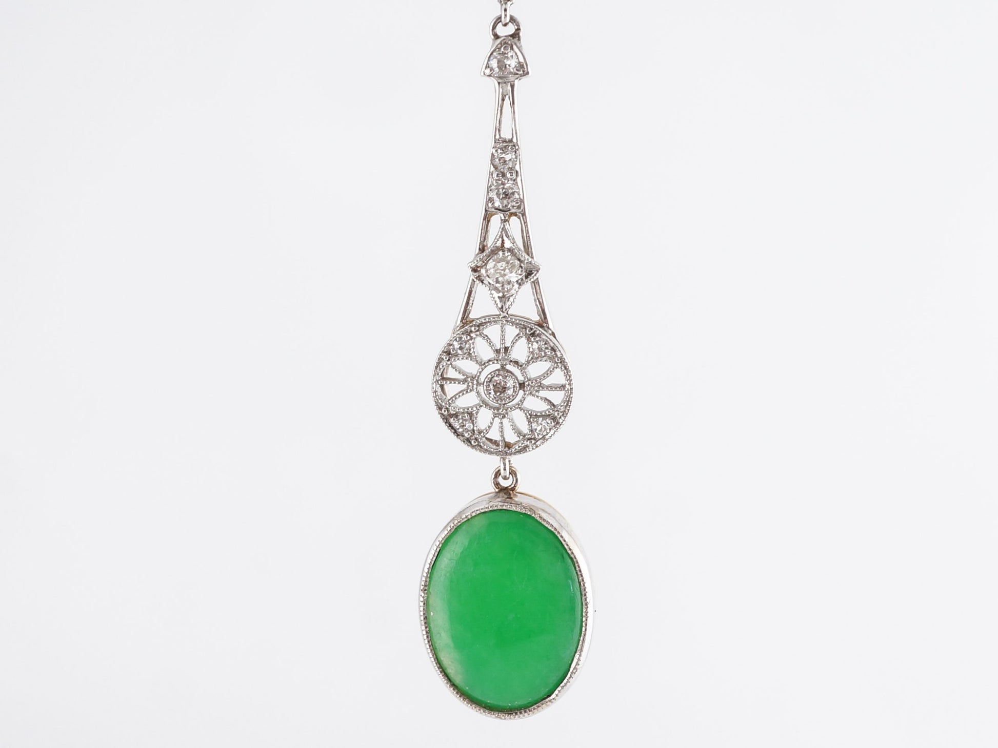 Vintage Cabochon Cut Jade and Diamond Pendant Necklace