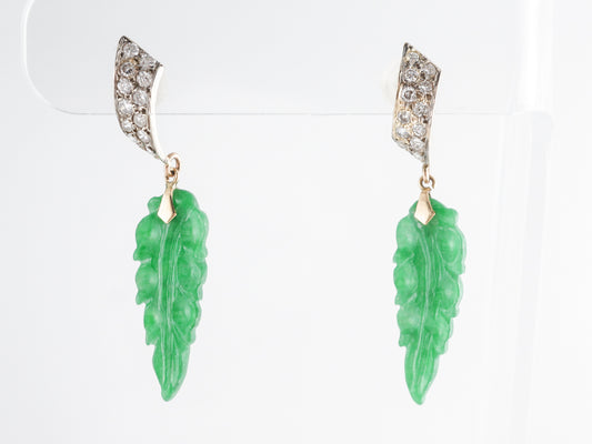 Vintage Carved Jade & Diamond Earrings 18K Yellow Gold