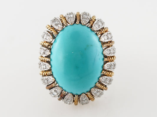 Vintage Cocktail Ring Mid-Century 11.50 Cabochon Cut Turquoise in 18k Yellow & 14k White Gold