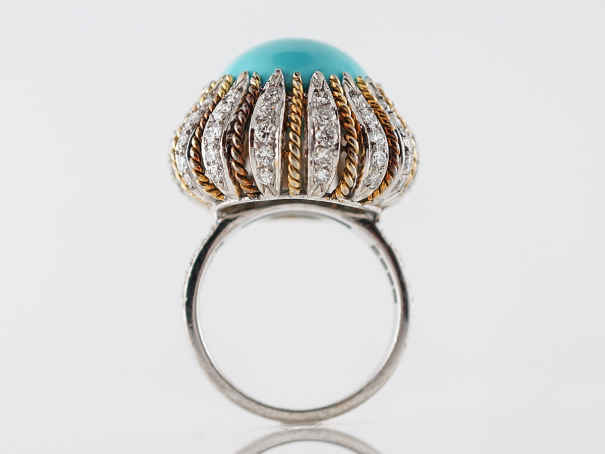 Vintage Cocktail Ring Mid-Century 11.50 Cabochon Cut Turquoise in 18k Yellow & 14k White Gold