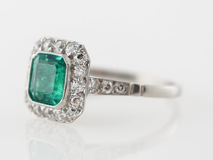 Vintage Cocktail Ring Art Deco 1.02 Square Cut Emerald in Platinum