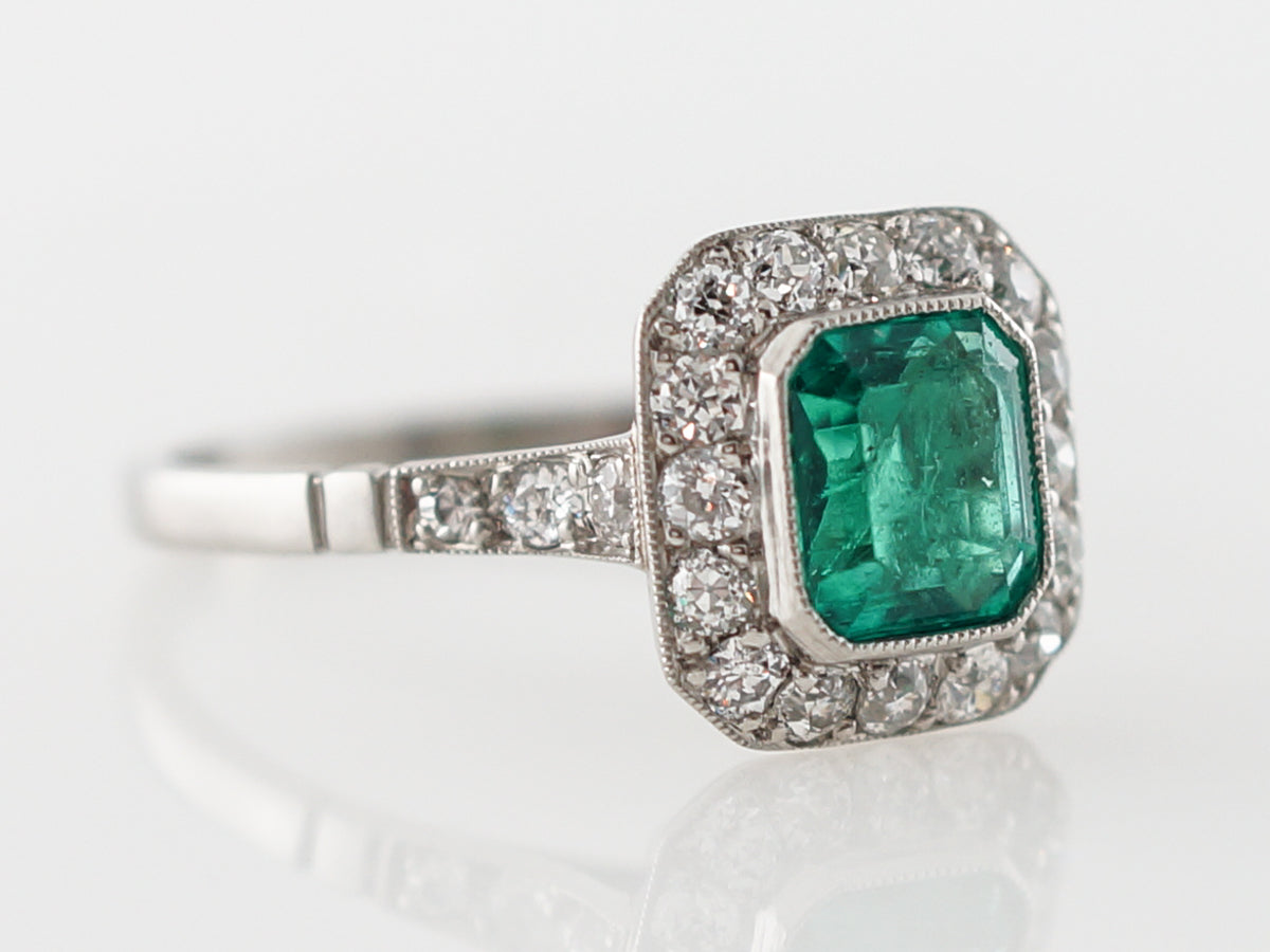 Vintage Cocktail Ring Art Deco 1.02 Square Cut Emerald in Platinum
