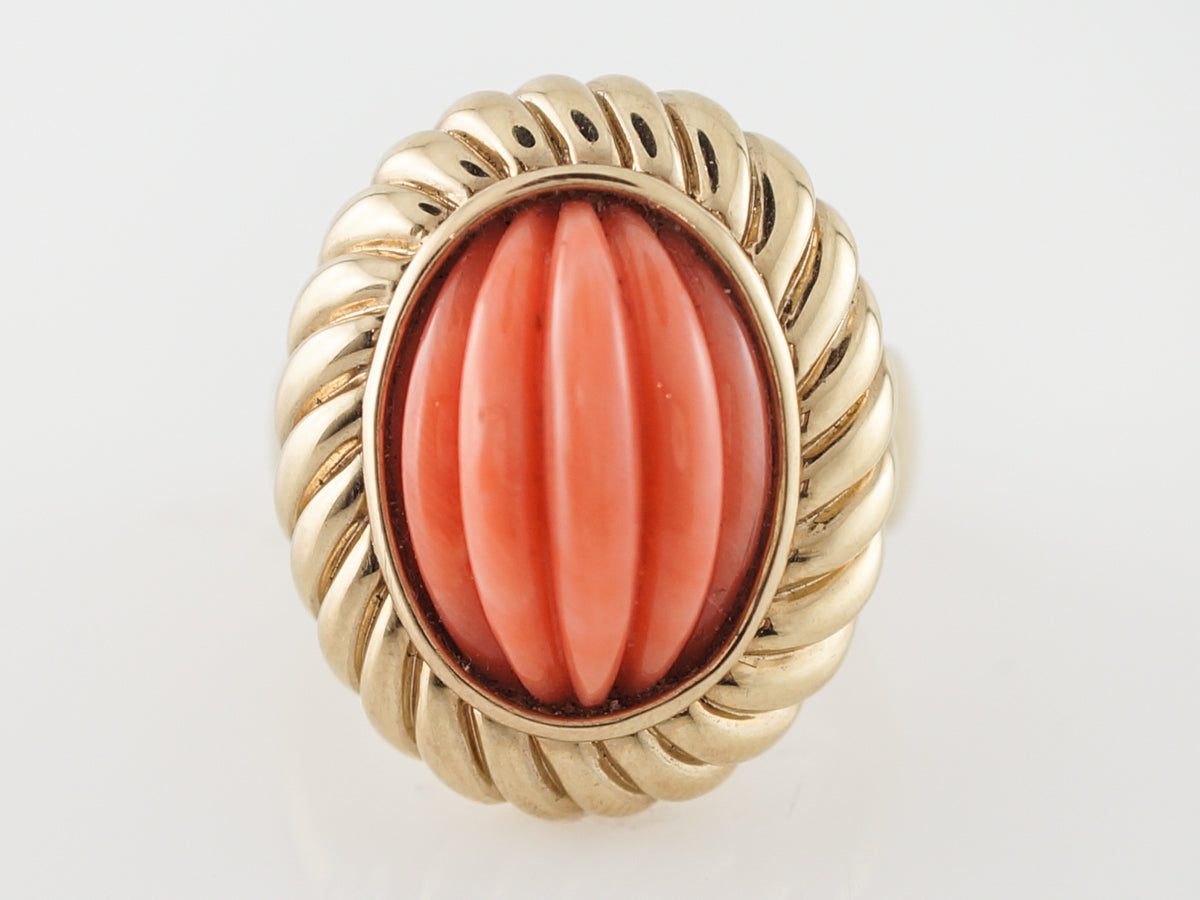1960's Carved Coral Right Hand Ring in 14k Yellow Gold