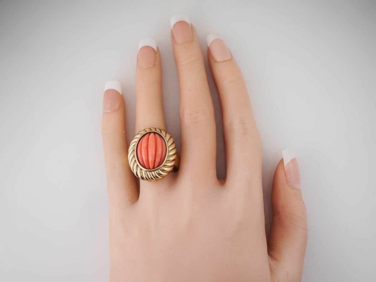 1960's Carved Coral Right Hand Ring in 14k Yellow Gold