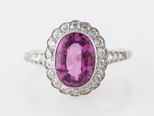 Vintage Edwardian Pink Sapphire & Diamond Engagement Ring in Platinum
