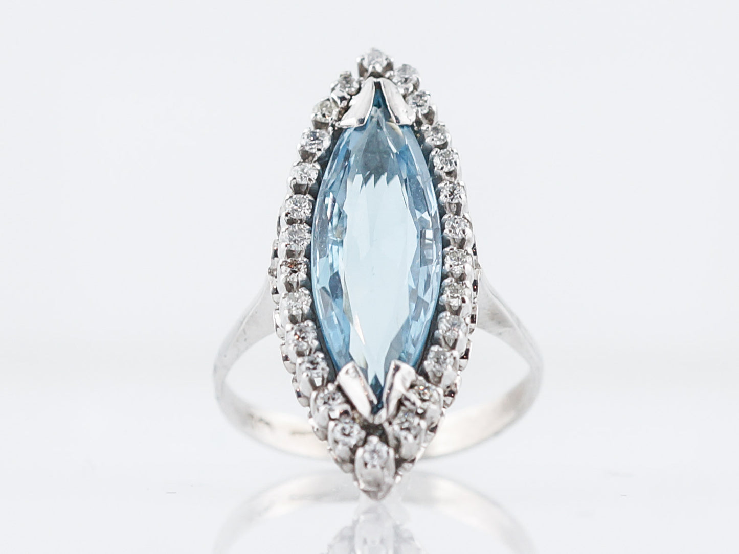 Vintage Cocktail Ring Mid-Century 1.58 Marquise Cut Aquamarine in 18k White Gold