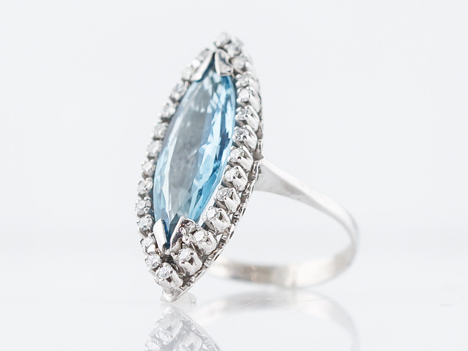 Vintage Cocktail Ring Mid-Century 1.58 Marquise Cut Aquamarine in 18k White Gold