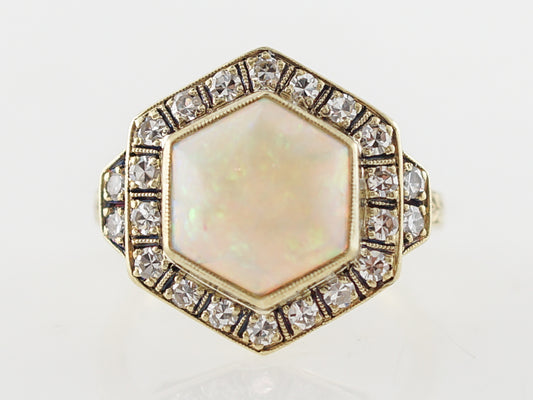 Retro Opal Right Hand Ring w/ Diamonds in Yellow Gold