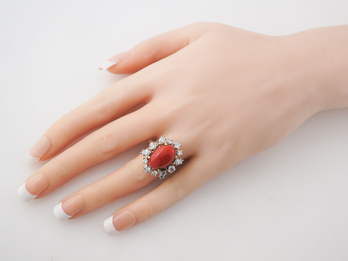 Vintage Halo Cocktail Ring w/ Coral & Diamonds