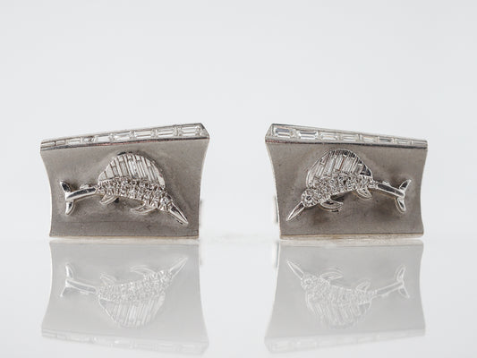 Vintage Cufflinks Mid-Century 1.18 Single & Baguette Cut Diamonds in 14K White Gold