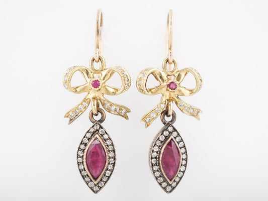 ***RTV***Victorian Dangle Drop Earrings Retro 1.10 Marquise Cut Rubies in 14k & 22k Yellow Gold