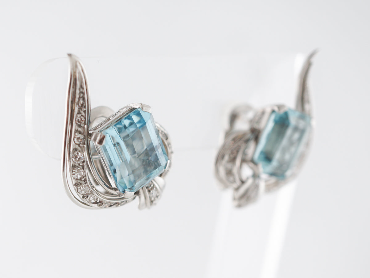 Vintage Art Deco Earrings w/ Aquamarine and Diamonds